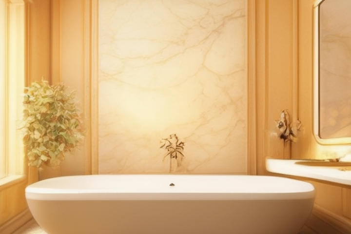 Image should depict a serene and calming bathroom space with soft lighting