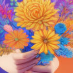 Image should depict a vibrant and colorful image of a person holding a set of colorful flowers