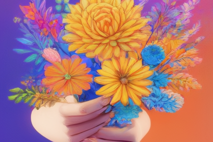 Image should depict a vibrant and colorful image of a person holding a set of colorful flowers