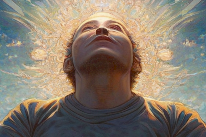 image of a person meditating and looking up with a hopeful expression.