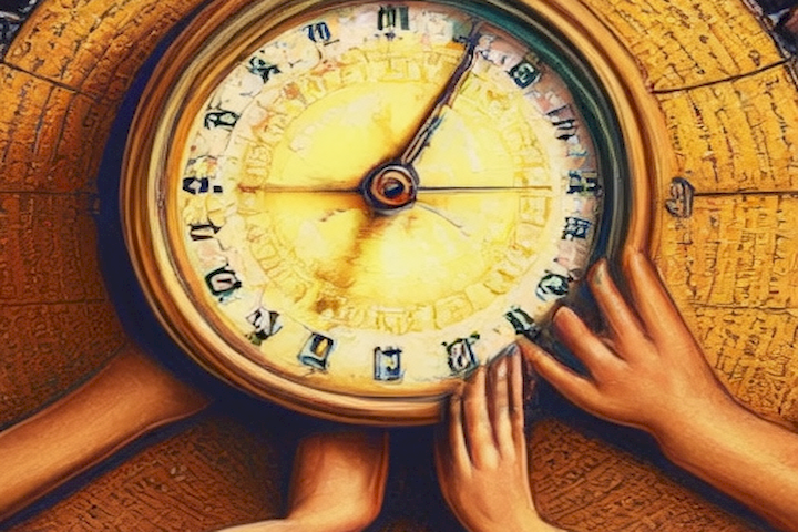 image of hands manipulating a time management tool or calendar to represent the concept of managing time effectively and reducing stress.