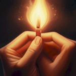 Image should depict a pair of hands holding a lit match