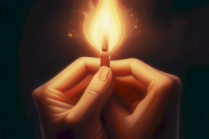 Image should depict a pair of hands holding a lit match