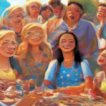 Image of a happy and diverse group of people smiling and engaging in a social activity