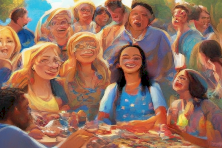 Image of a happy and diverse group of people smiling and engaging in a social activity