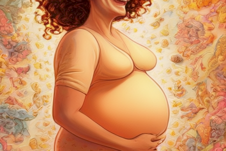 Image should depict a pregnant woman laughing and embracing her changing body, showcasing the humor and resilience she finds in navigating pregnancy.