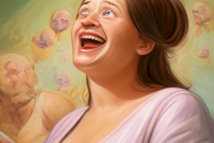 Image should depict a pregnant woman adjusting her facial expressions to reflect the changing dynamics of humor during pregnancy.