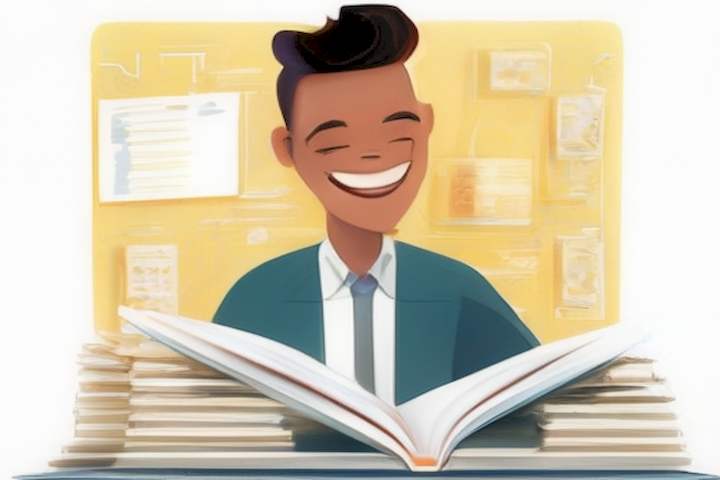 Image of a person confidently managing their finances with a smile on their face and financial documents in a clear folder.