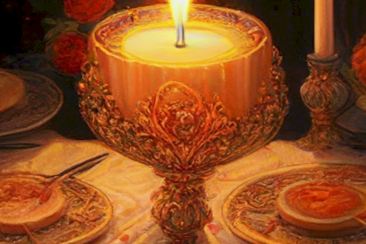 Image of a vibrant candle illuminating a romantic dinner table, symbolising the enduring warmth and passion of a love that transcends time.