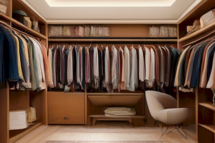Image of a person's wardrobe neatly organized, showcasing the efficient use of space and storage solutions.