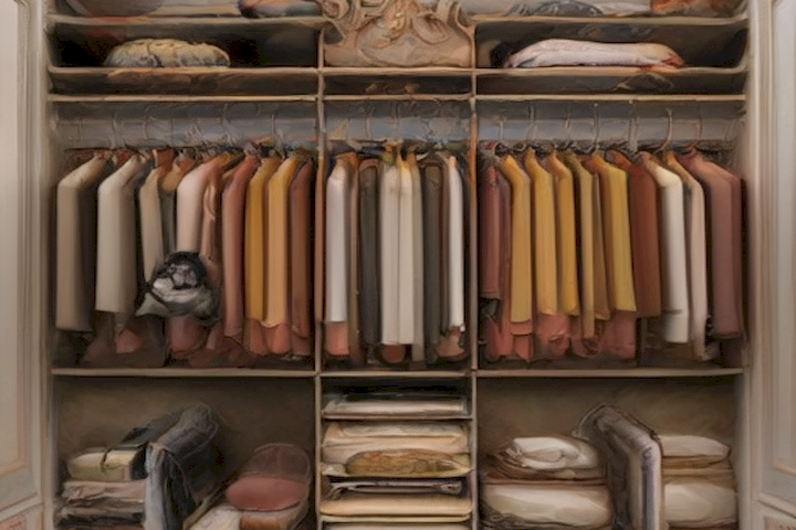 Picture a visually organized closet filled with clothes that are categorized and easily accessible.