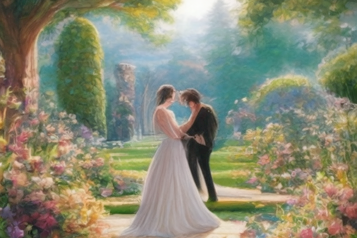   The image should show a beautiful and peaceful garden scene, with lush greenery, colorful flowers, and a couple enjoying their wedding day outdoors.