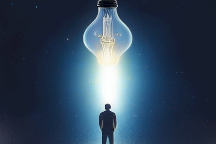 The image should depict a light bulb illuminating a path between two people