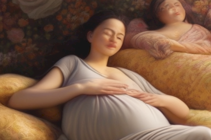   The image should depict a pregnant woman resting comfortably and taking care of herself, radiating positive energy and well-being.