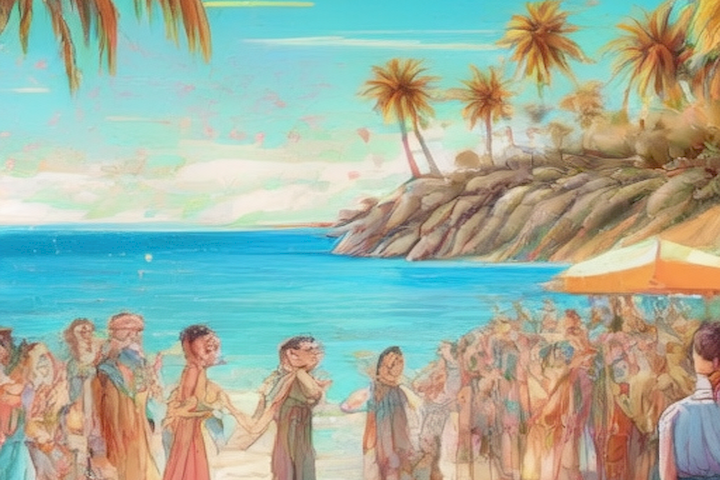 image of a beach with a colorful wedding celebration taking place.