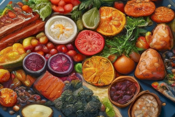 Image should showcase colorful and diverse food portions in a balanced composition, emphasizing the variety and nutritional value of healthy eating.