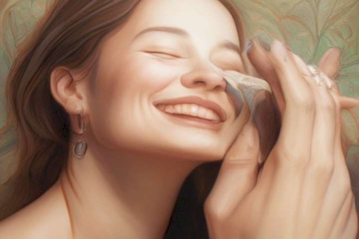 picture of a person taking care of their face with a gentle touch and a smile on their face.
