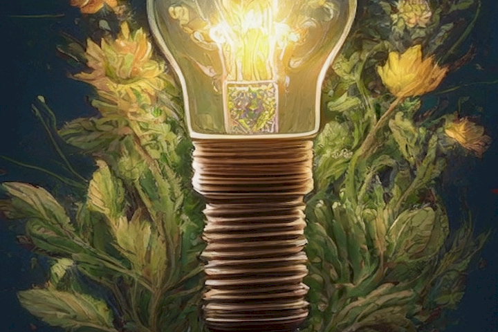   The image should depict a light bulb illuminating a plant, symbolizing the power of gratitude in enriching daily life.