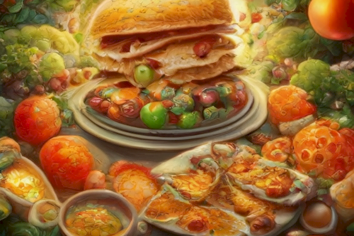 Image should showcase various healthy eating habits and their impact on mood and overall well-being.