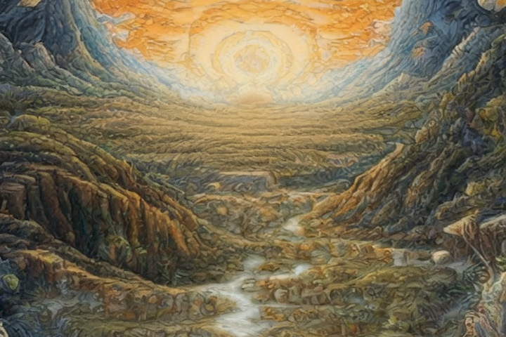 Image of the article should depict a mystical landscape, encompassing a variety of natural elements and symbols that represent the interconnectedness and deep spiritual connection of the human spirit.