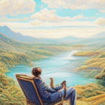 Image should depict a person relaxing on a scenic journey with a peaceful expression