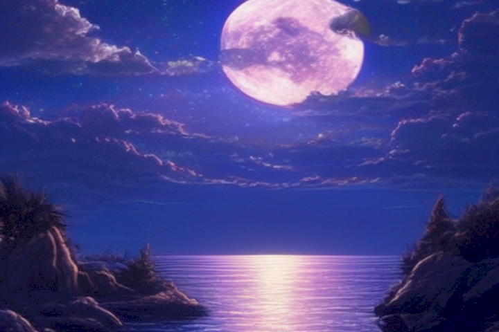   The image should showcase the beauty and perfection of a perfect honeymoon moonlit landscape.