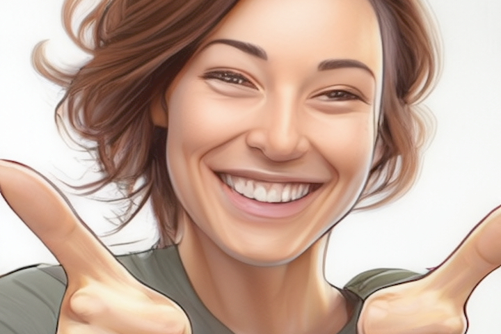 picture of a woman with a smile on her face and a thumbs-up gesture.