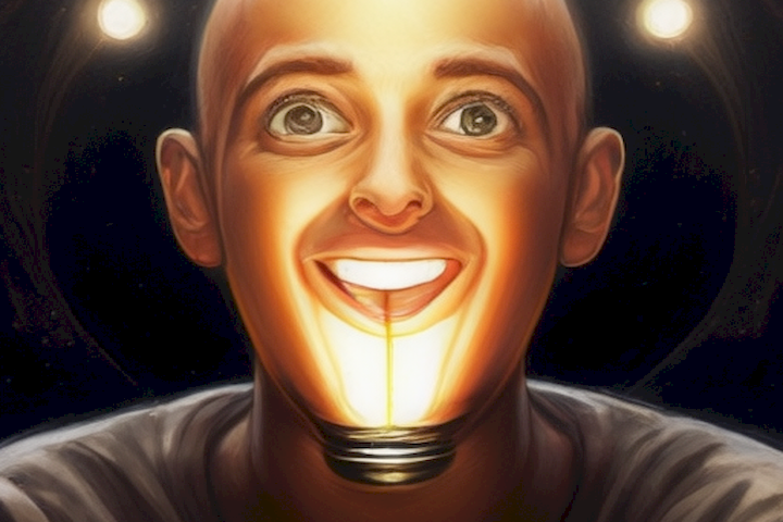 The image should depict a light bulb illuminating a person's eyes with a look of surprise and excitement.