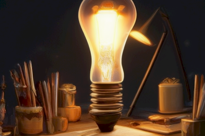 The image should depict a light bulb illuminating a creative workspace