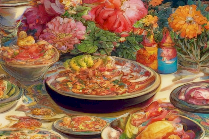 image of the article's cover with colorful and vibrant illustrations of dishes and wedding-related items.