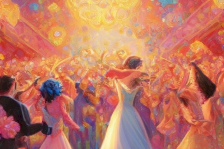   The image should depict a vibrant and colorful wedding celebration, showcasing the joy and excitement of the event.