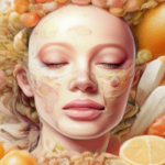 Image should depict the various ways in which nutrition impacts the skin and mental well-being.