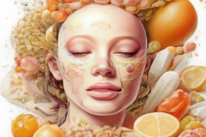 Image should depict the various ways in which nutrition impacts the skin and mental well-being.