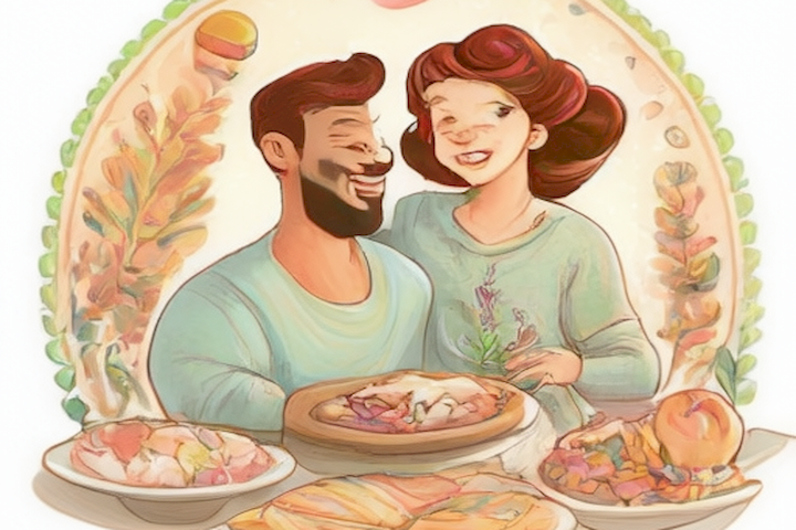 Image of a couple holding a plate of healthy food together, looking happy and content.