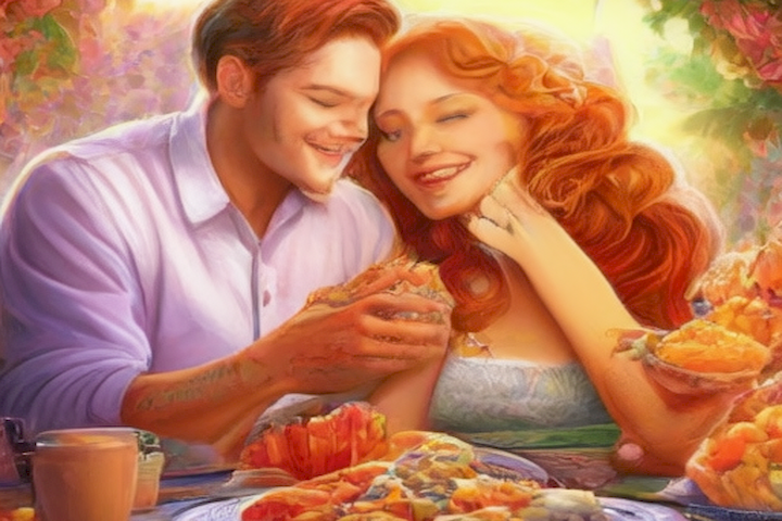 Picture the vibrant and colorful world of a loving couple enjoying a delicious and nutritious meal together.