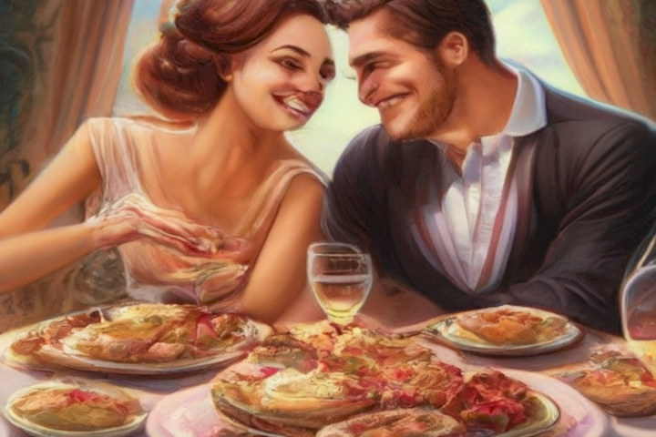 Image should depict a loving couple enjoying a balanced and nutritious meal together.