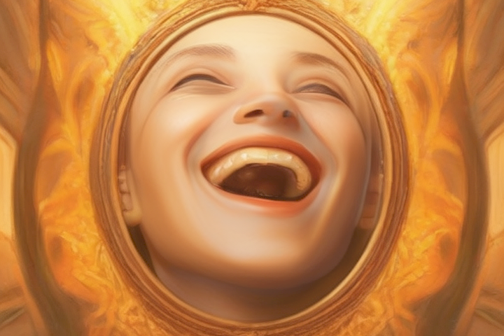 image of a person's face with a radiant smile and balanced emotions, looking at themselves in a mirror.