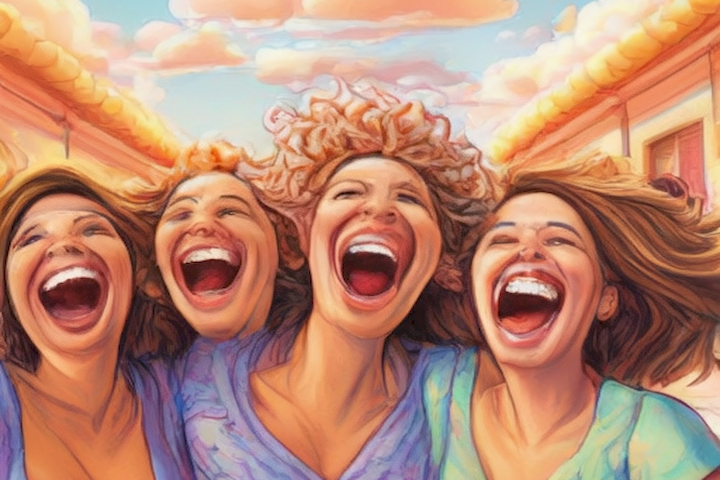   The image should show a group of women laughing and having fun while on an organized travel trip together.
