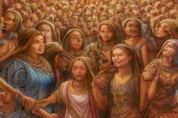 Image should depict a community of women connecting and supporting each other on a journey of hermandad.