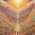 Image of the world unfolding and revealing the true self on a path.