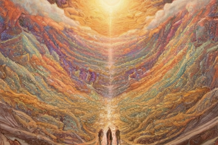 Image of the world unfolding and revealing the true self on a path.
