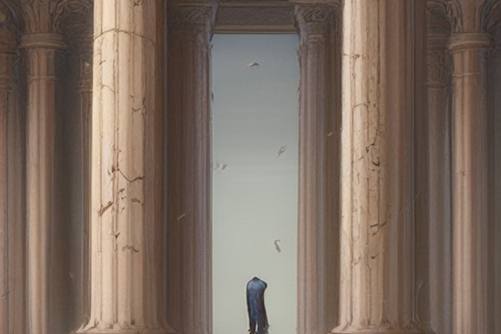 Image should depict a person standing on two pillars of trust, one of which has been broken and the other is being rebuilt, representing the process of overcoming infidelity and rebuilding trust.