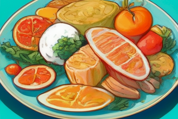 image of a balanced and healthy meal on a colorful plate.